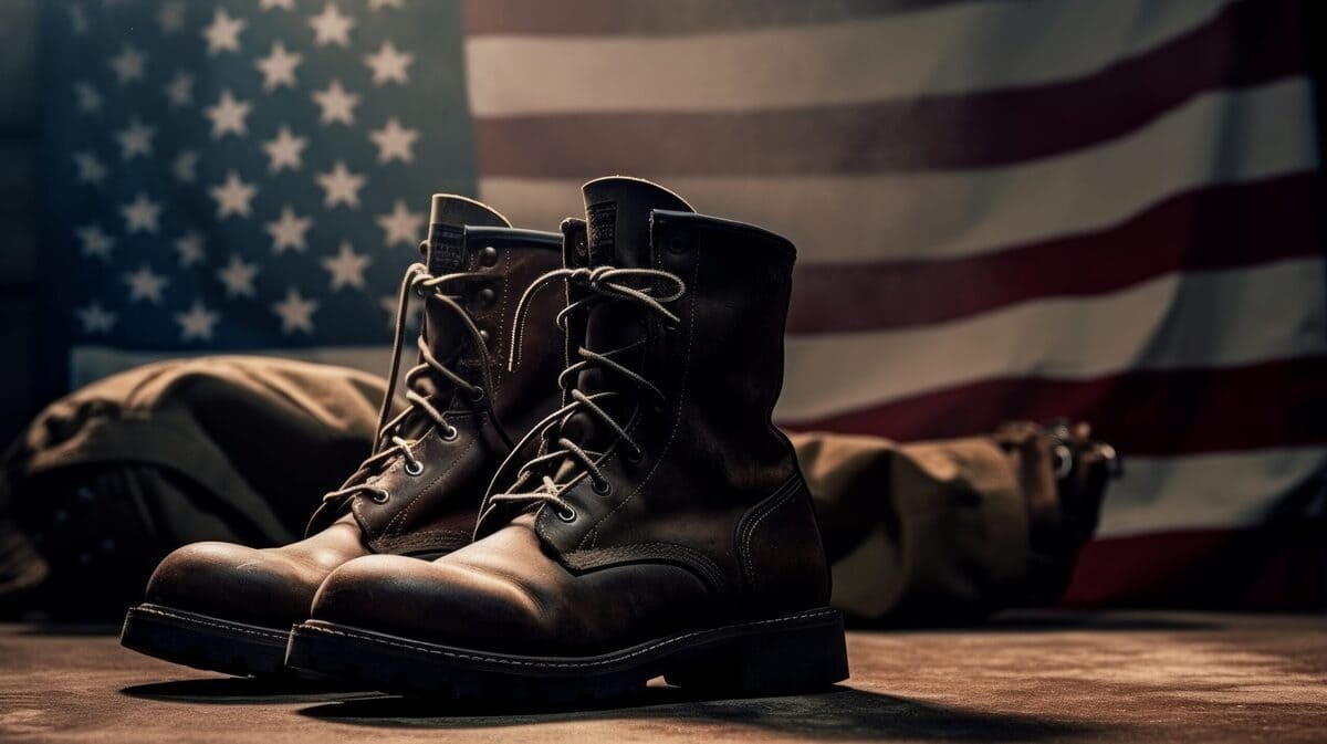 Military boots and American flag in the background.