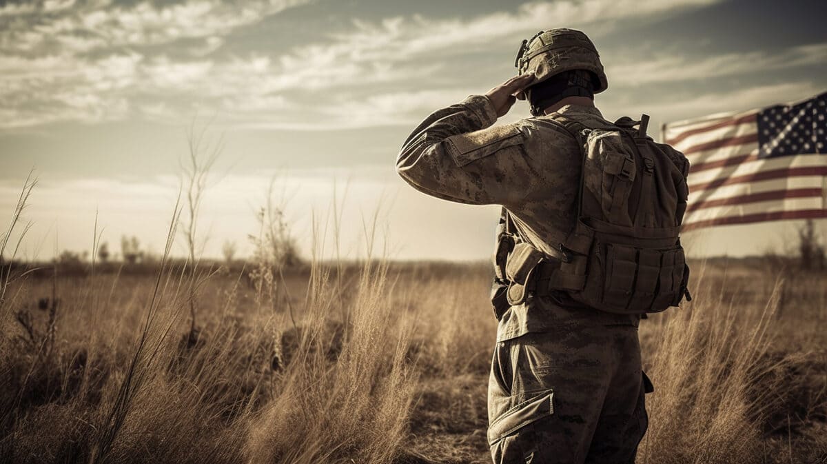 Army Soldier male saluting to American flag, Military uniform, Veterans Day, USA patriotism, Memorial Day, Independence Day concept